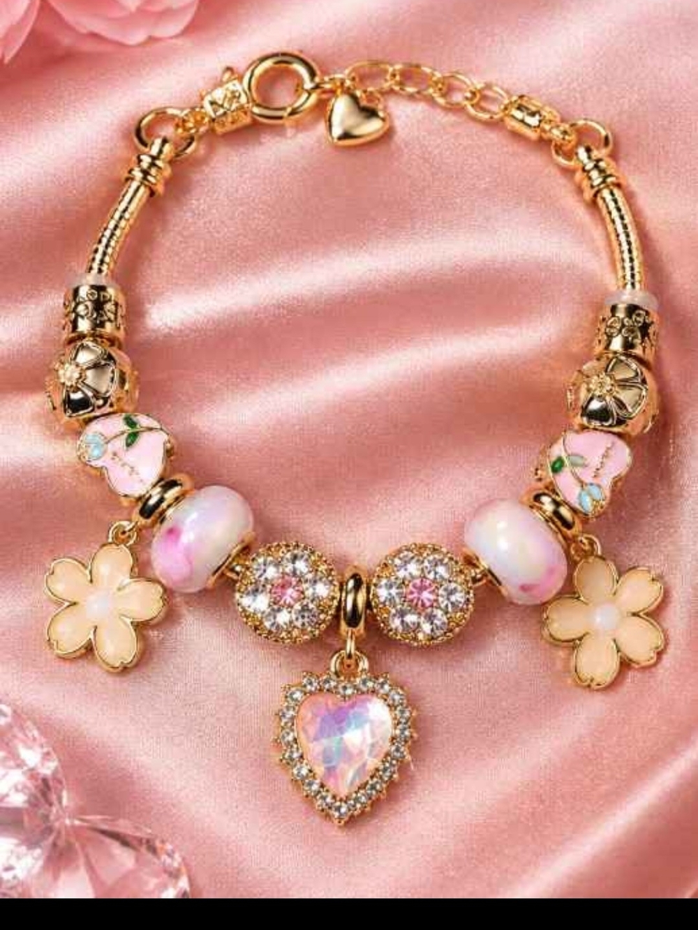 Gold Pink Heart & Flower Charm Bracelet - Women's Fashion Jewelry